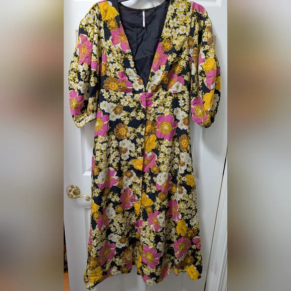 Free People Lydia Cotton midi dress Pink Black floral print Size small S - Picture 3 of 6